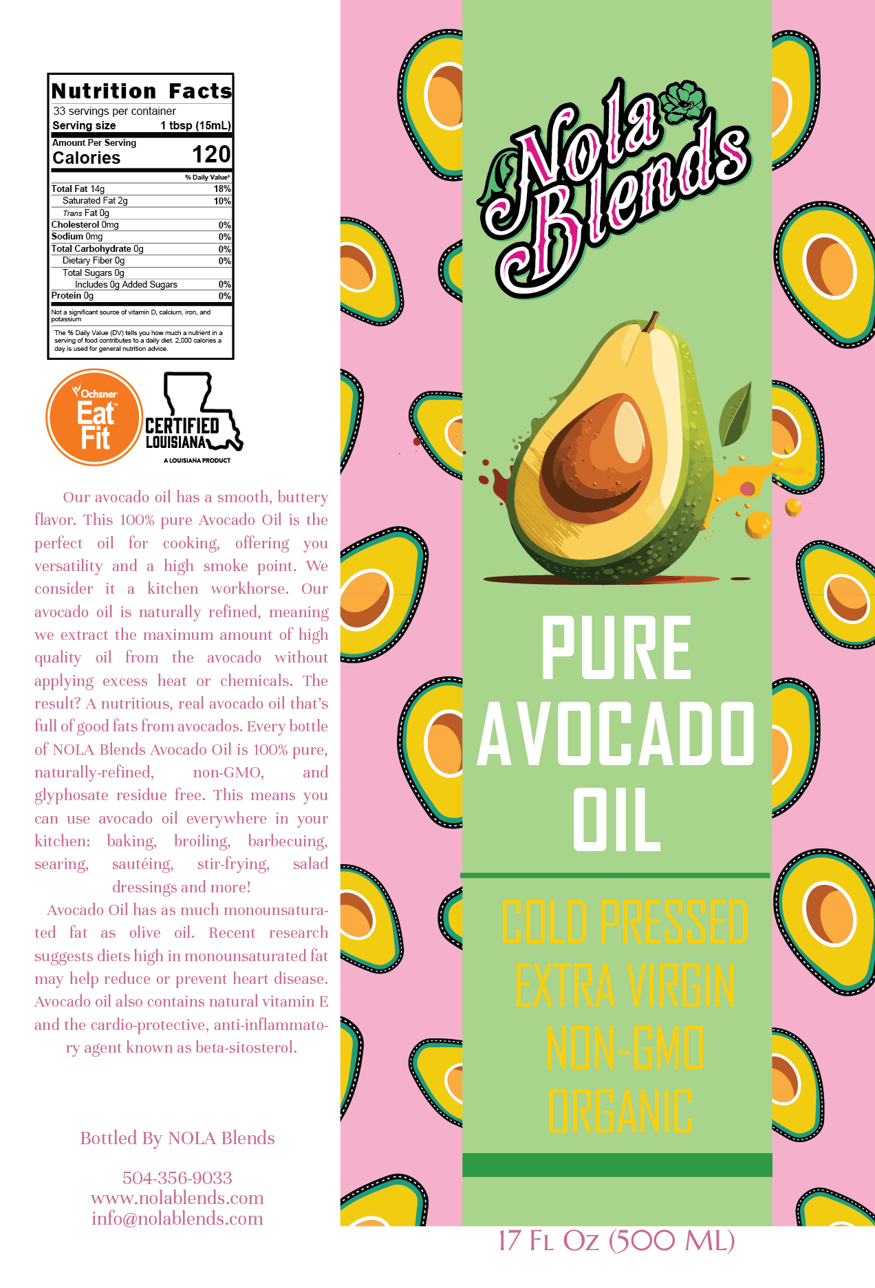 Avocado Oil - 100% Organic Cold Pressed 500ML
